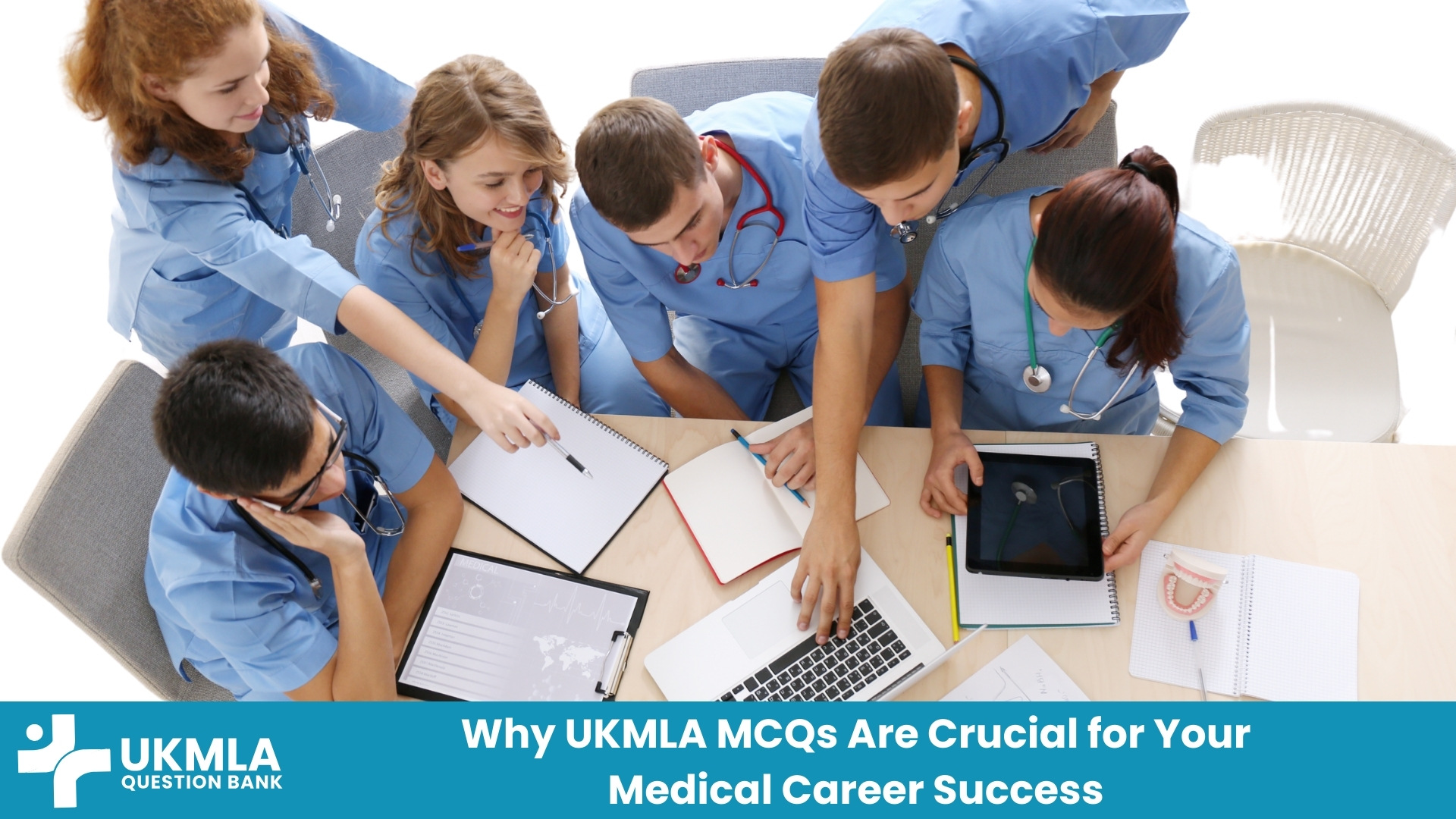 A medical student studying for the UKMLA exam, surrounded by books and a laptop displaying UKMLA MCQs, symbolizing preparation and success.