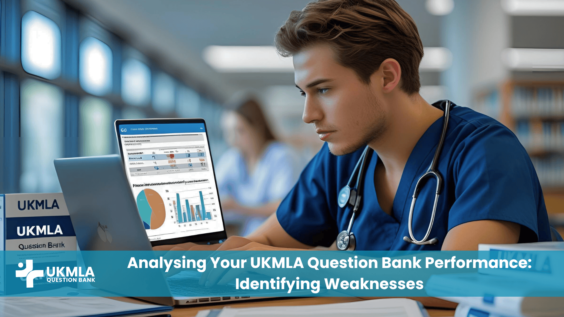 Medical student looking at charts on a laptop, a key part of analysing your UKMLA question bank performance.