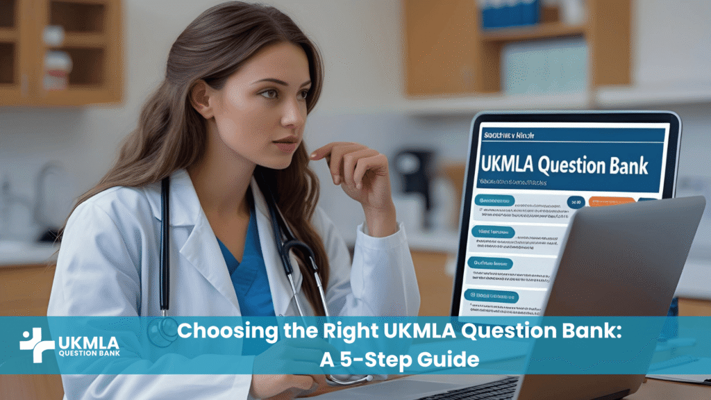 A medical student thoughtfully comparing features while choosing the right UKMLA question bank on a laptop.
