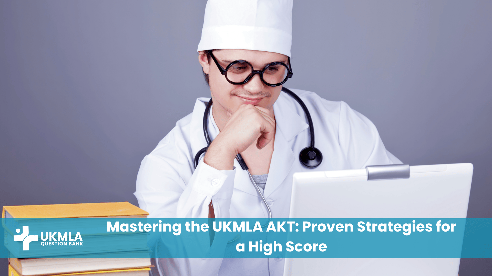 Medical student diligently preparing for the UKMLA AKT exam with books and a laptop
