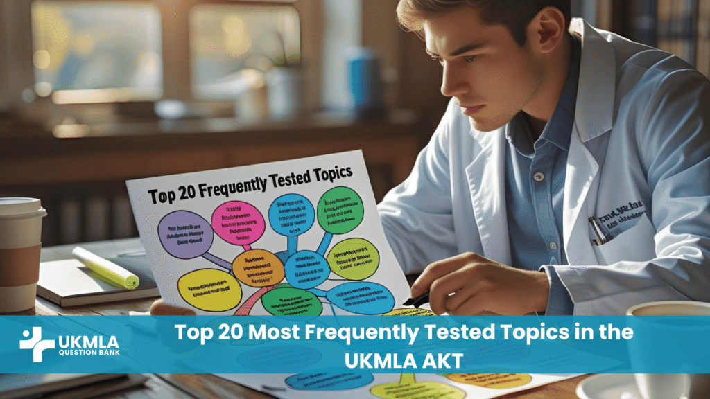 A medical student studying a mind map of the top 20 frequently tested topics in the UKMLA AKT.