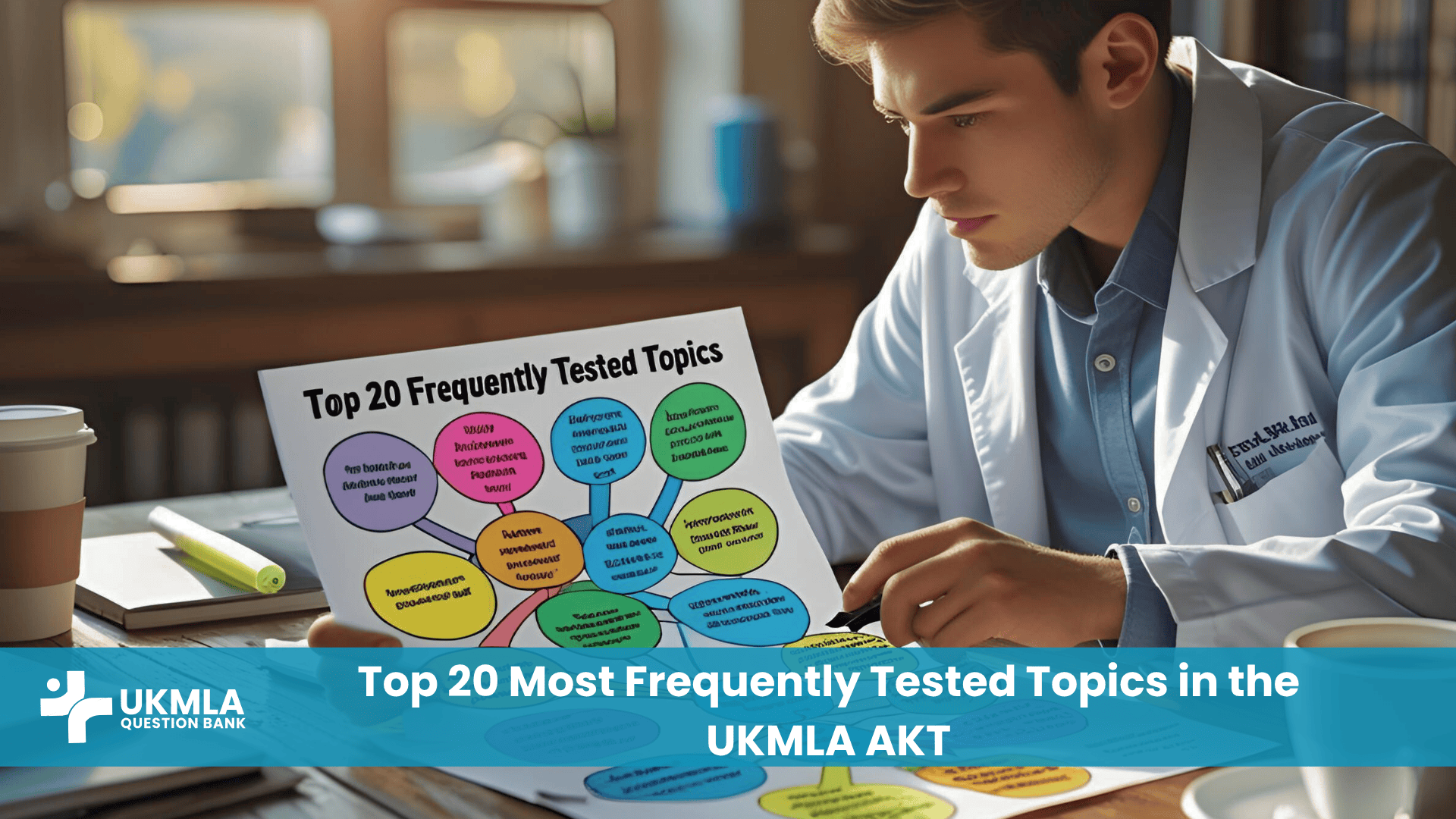 A medical student studying a mind map of the top 20 frequently tested topics in the UKMLA AKT.
