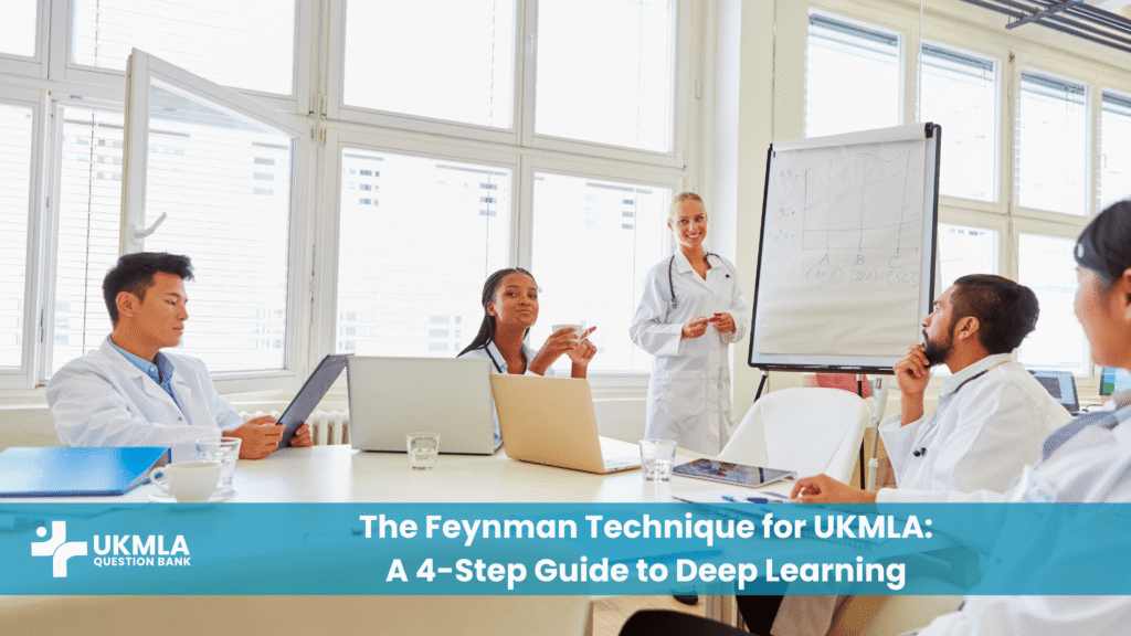 A medical student using the Feynman Technique for UKMLA by simplifying a complex topic on a whiteboard.
