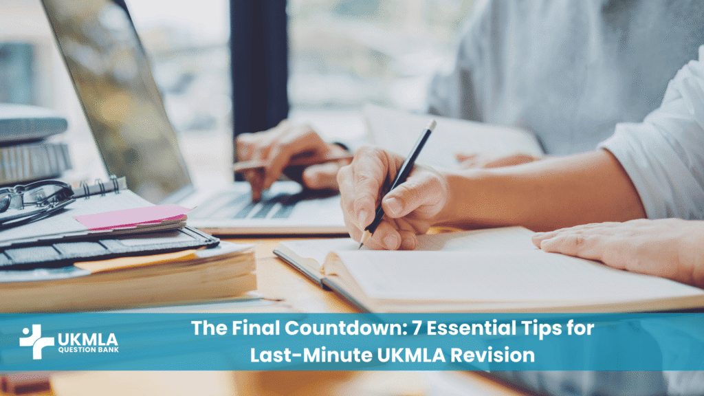 A medical student doing focused last-minute UKMLA revision at their desk at night