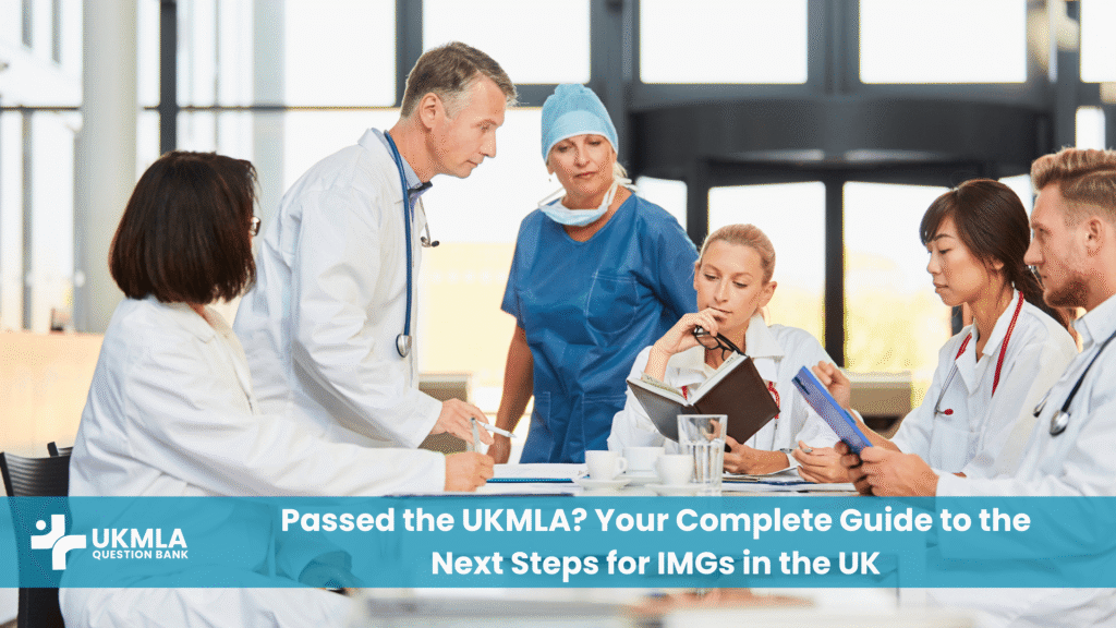 International medical graduates discussing the next steps for IMGs after UKMLA in a UK hospital