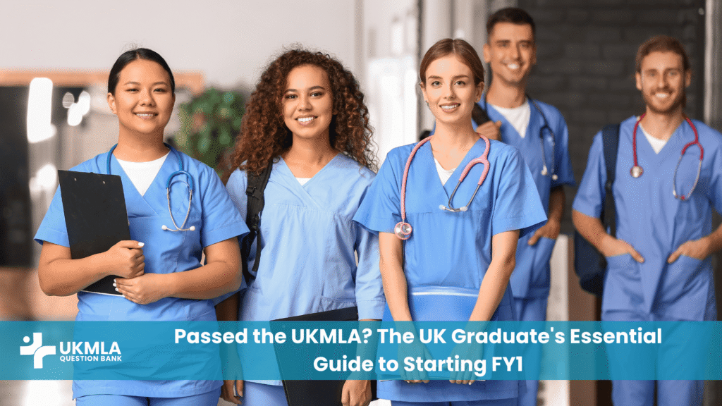 A group of diverse UK medical students discussing the next steps for UK graduates after UKMLA.