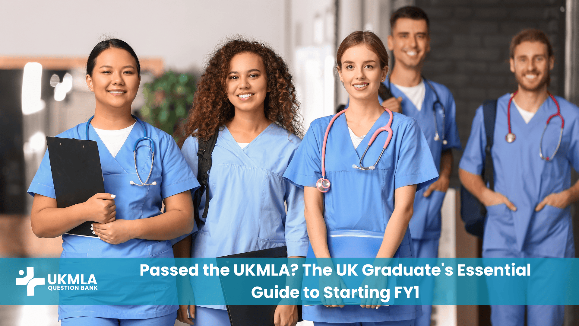A group of diverse UK medical students discussing the next steps for UK graduates after UKMLA.