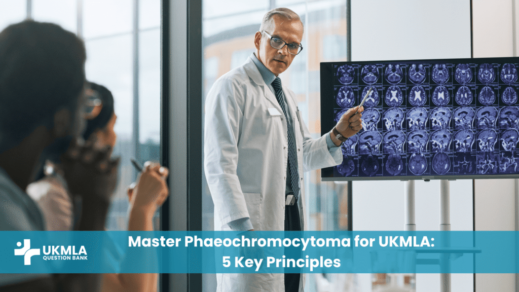 doctor explaining a CT scan showing an adrenal tumour, representing phaeochromocytoma for ukmla.