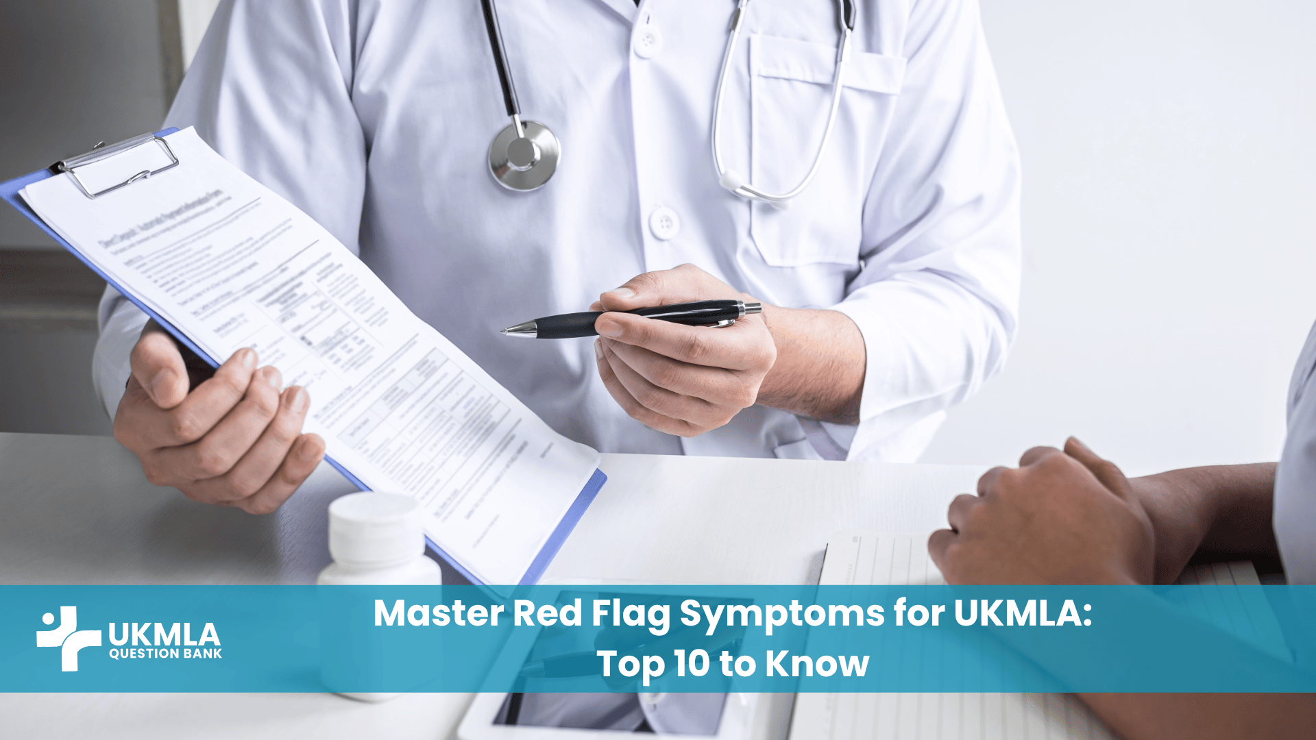 A doctor reviewing a patient's notes to identify red flag symptoms for UKMLA.