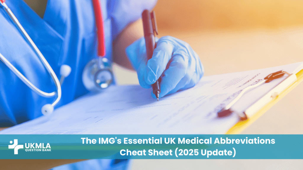 Doctor reviewing a list of common uk medical abbreviations for imgs on a patient's chart.