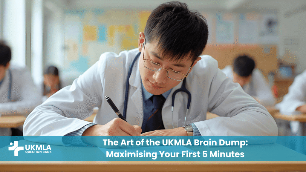 A medical student performing a UKMLA brain dump by writing key facts before the exam.