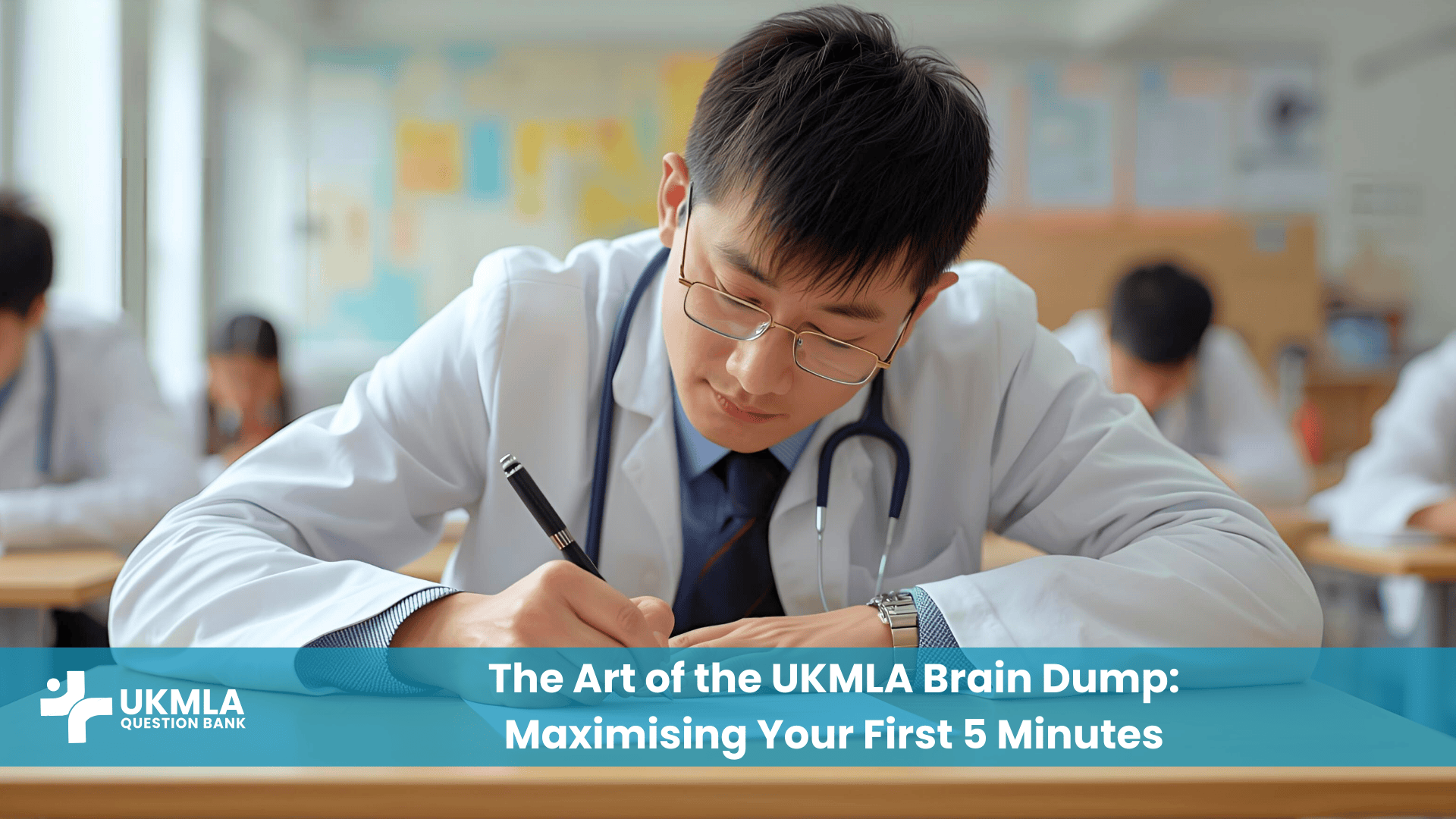 A medical student performing a UKMLA brain dump by writing key facts before the exam.