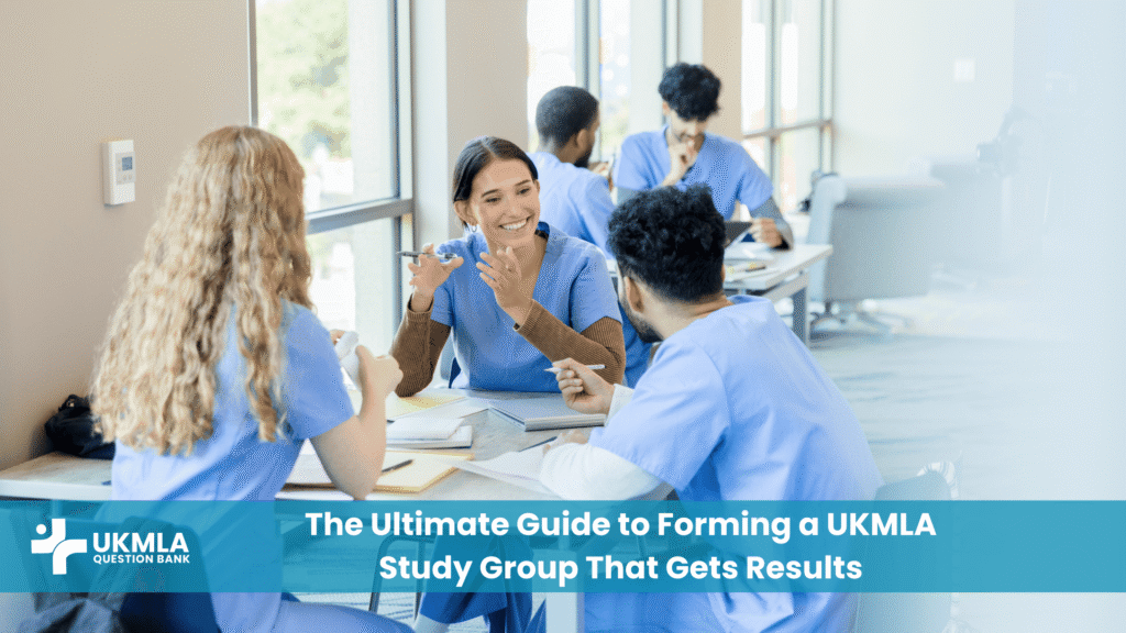 A diverse and effective UKMLA study group collaborating with notes in a study room.