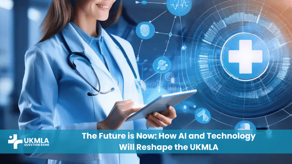 A medical student using a futuristic interface, representing the impact of AI in medical exams like the UKMLA