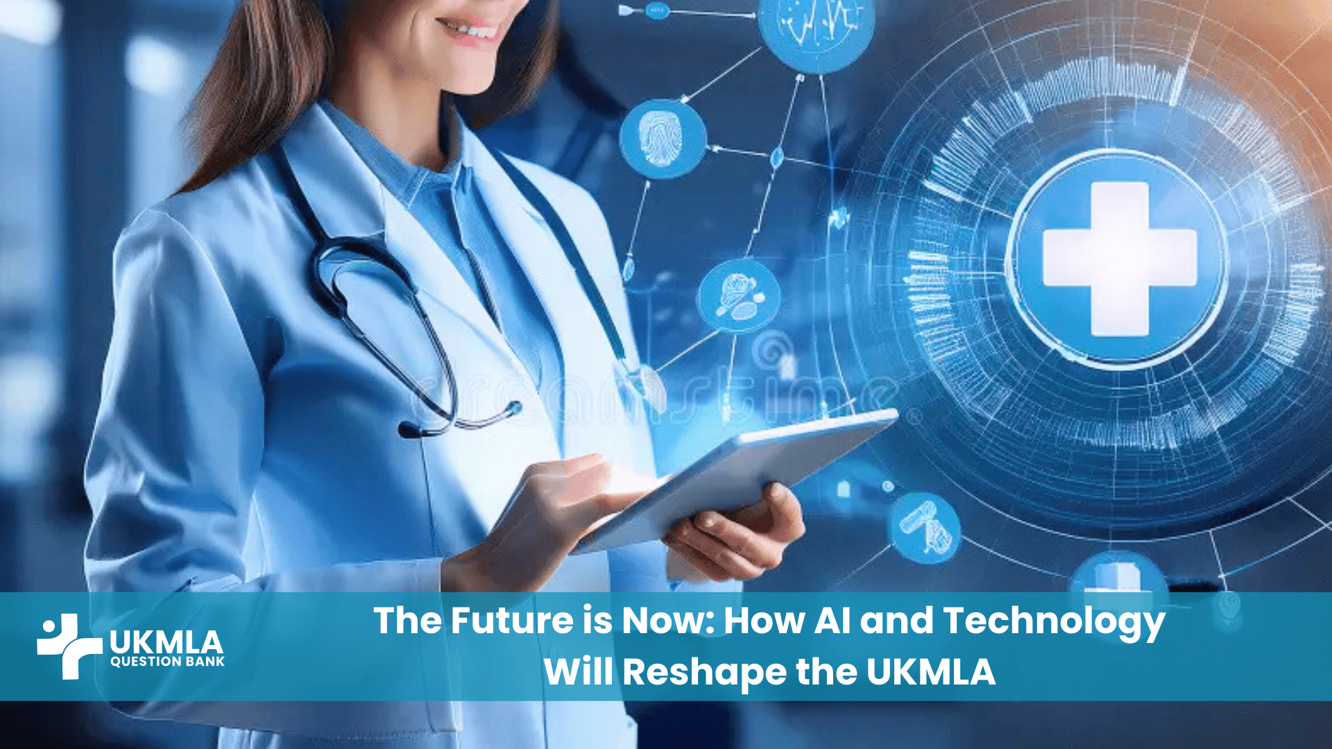 A medical student using a futuristic interface, representing the impact of AI in medical exams like the UKMLA
