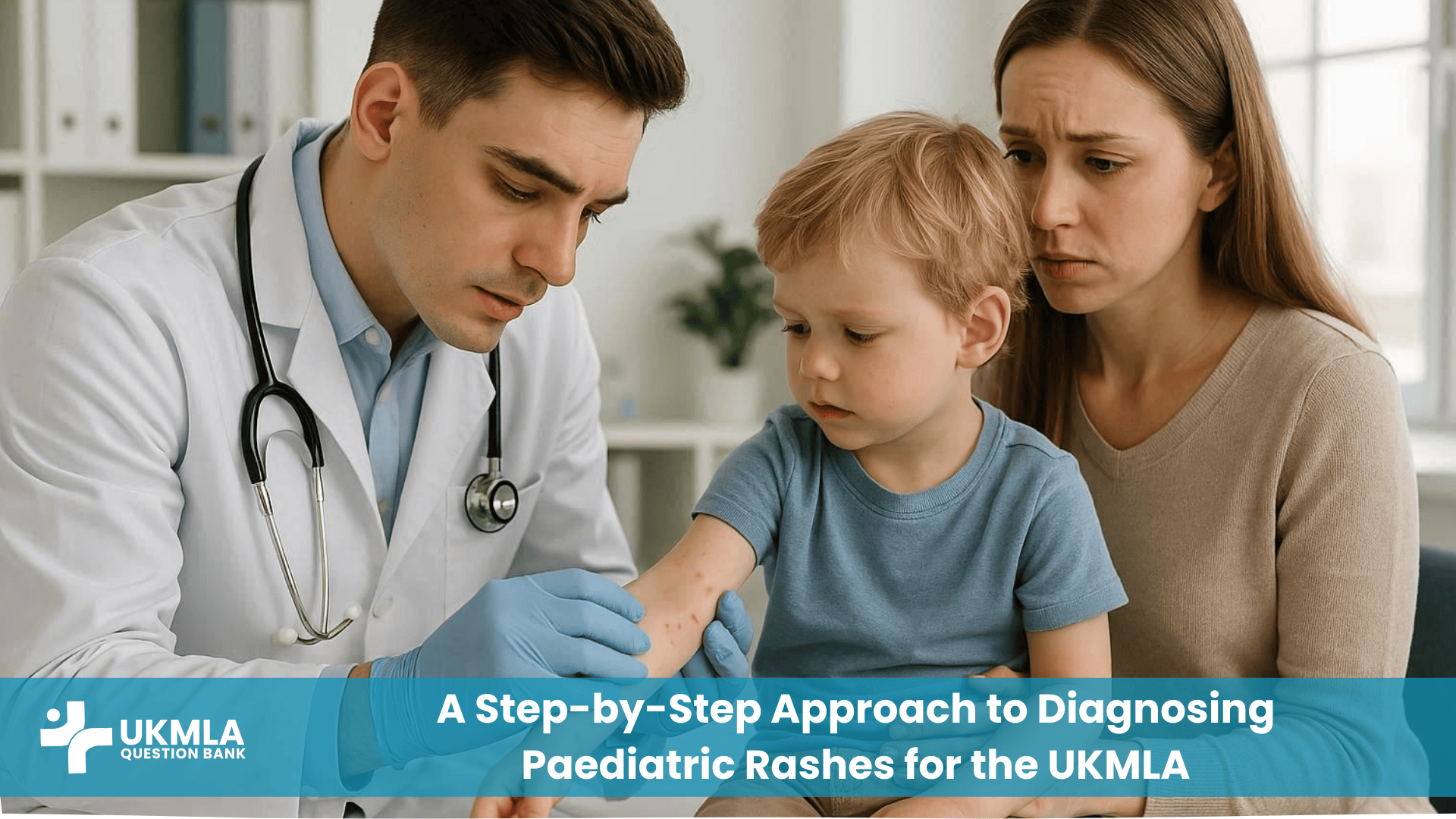 paediatrician carefully examines common paediatric rashes UKMLA students must know on a young child's arm
