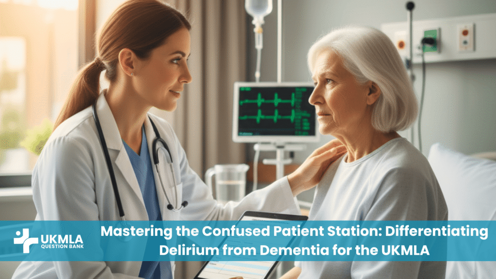 A Doctor assessing a confused elderly patient, considering the differences between delirium vs dementia UKMLA