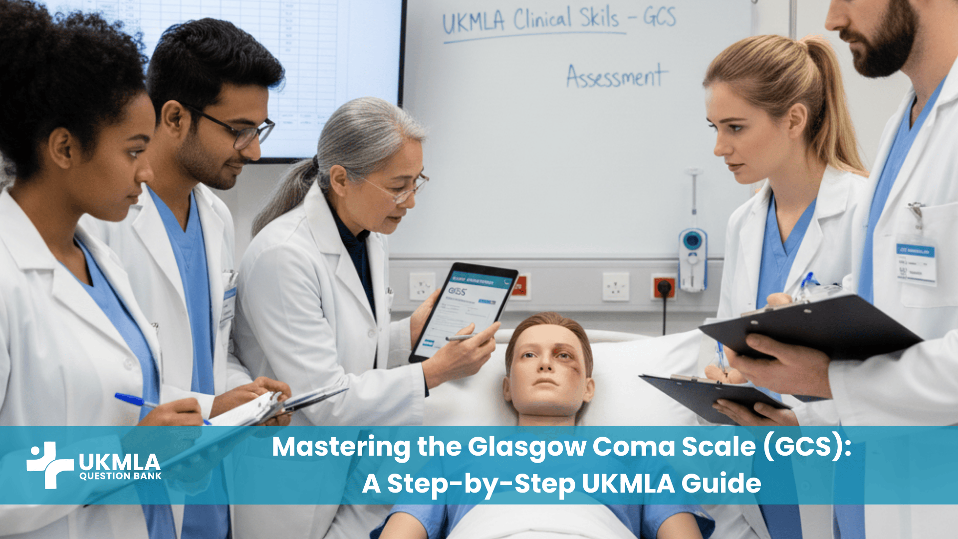 Medical students learning how to calculate GCS score UKMLA by assessing a simulated patient's responses in a clinical skills lab.