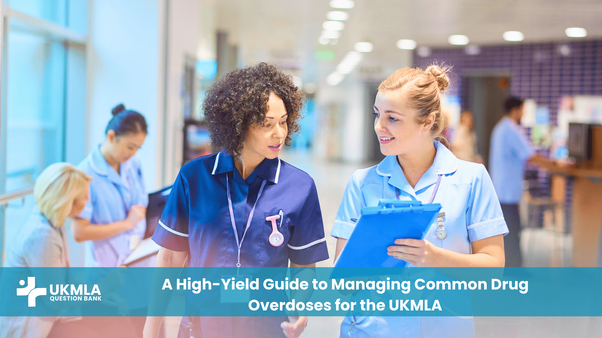 A junior doctor managing common drug overdoses UKMLA by referencing an emergency toxicology chart in a hospital setting.