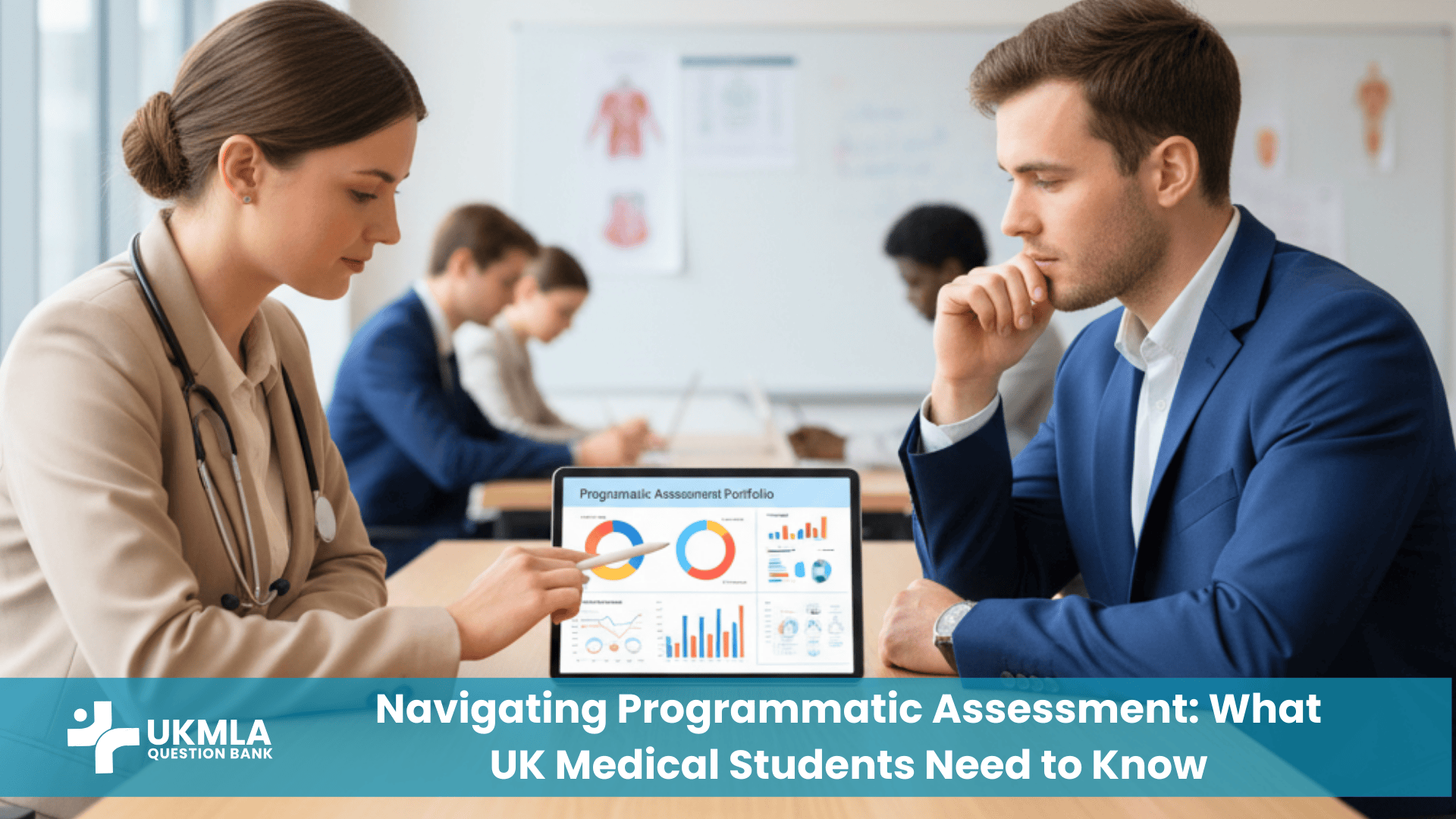 A medical student discusses their programmatic assessment medical school portfolio with a tutor.