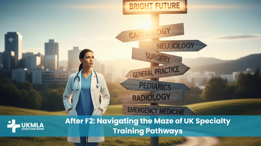 A junior doctor looking at a signpost representing the different UK specialty training pathways after F2