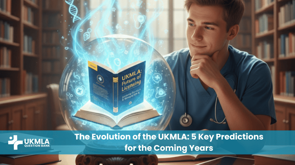 A crystal ball revealing a medical textbook, symbolizing future UKMLA exam changes for medical students