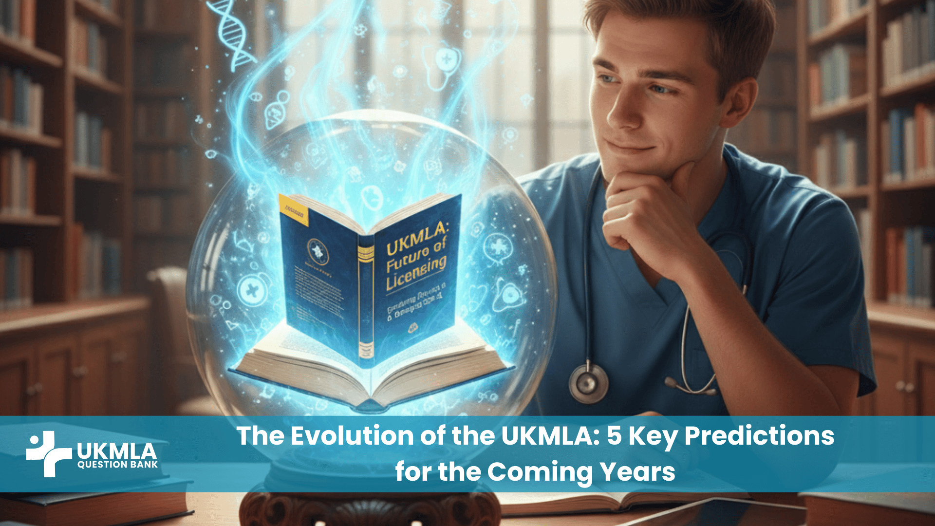 A crystal ball revealing a medical textbook, symbolizing future UKMLA exam changes for medical students