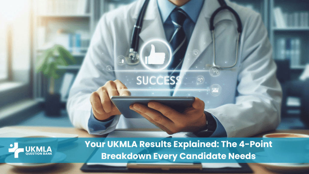 A Doctor holding tablet with success notification, representing positive UKMLA results explained.