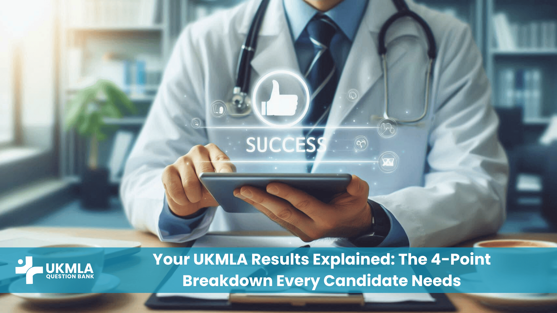 A Doctor holding tablet with success notification, representing positive UKMLA results explained.
