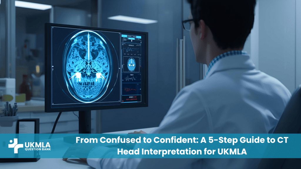 A doctor reviews a scan as part of a guide on CT head interpretation for UKMLA