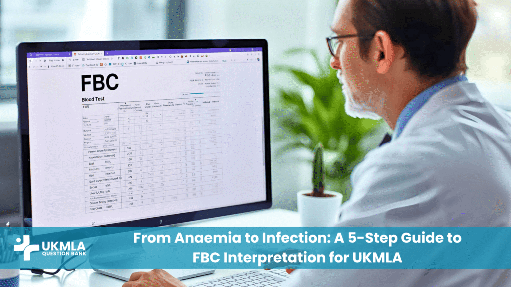 A doctor reviewing a report, demonstrating FBC interpretation for UKMLA.