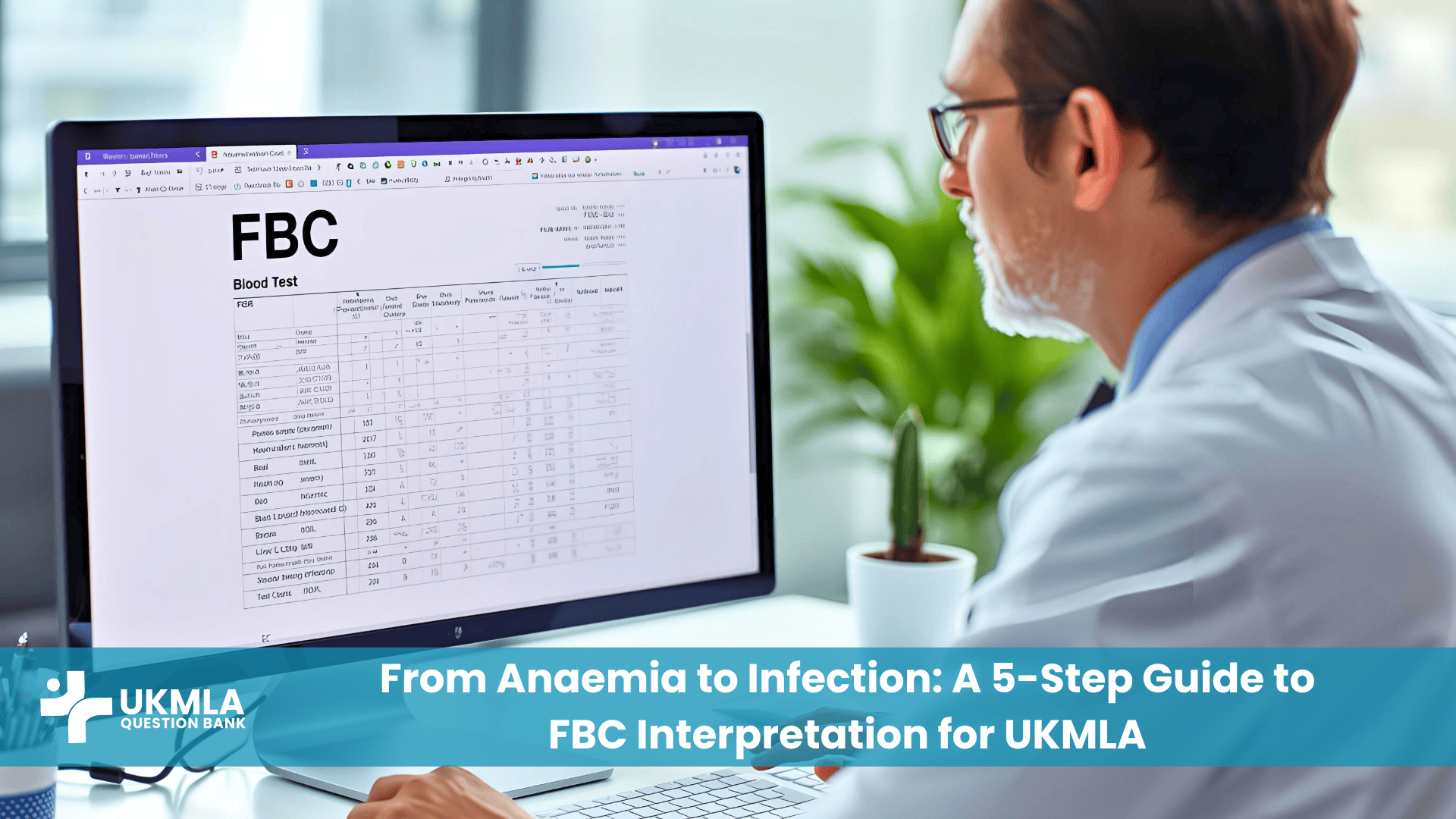 A doctor reviewing a report, demonstrating FBC interpretation for UKMLA.