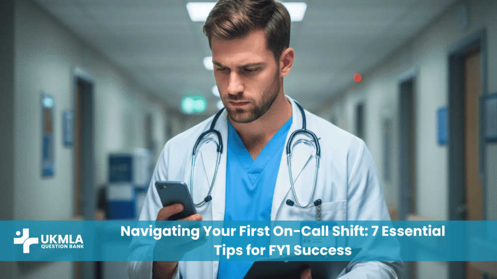 A young doctor in scrubs during their first on-call shift FY1, looking focused and prepared.