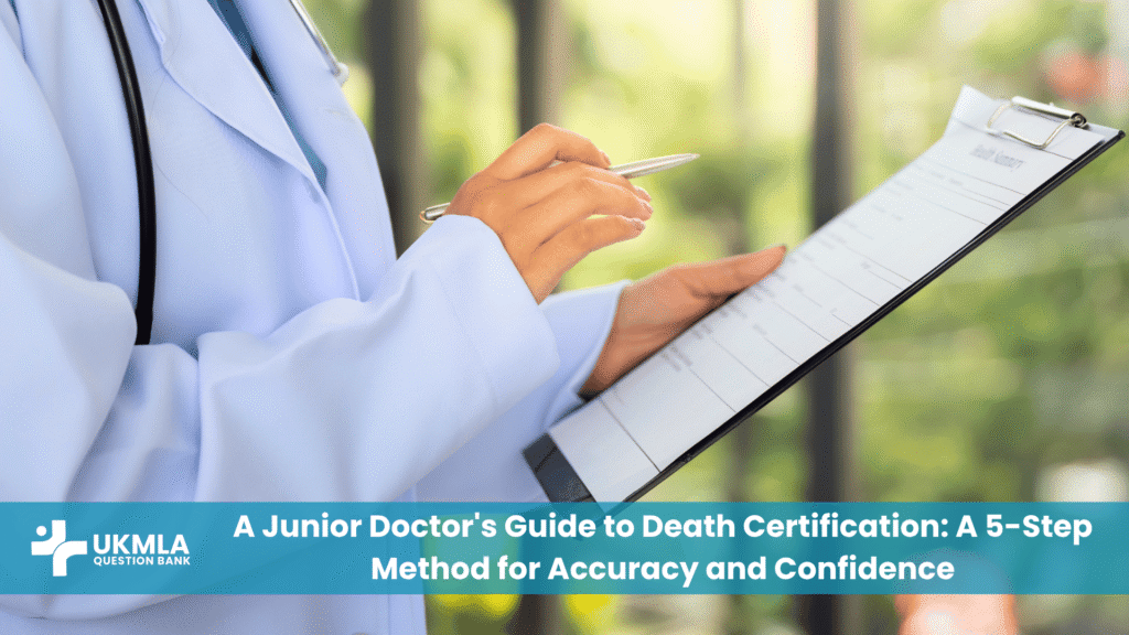 A doctor's hand signing a form, representing the professional duty of knowing how to write a death certificate UK