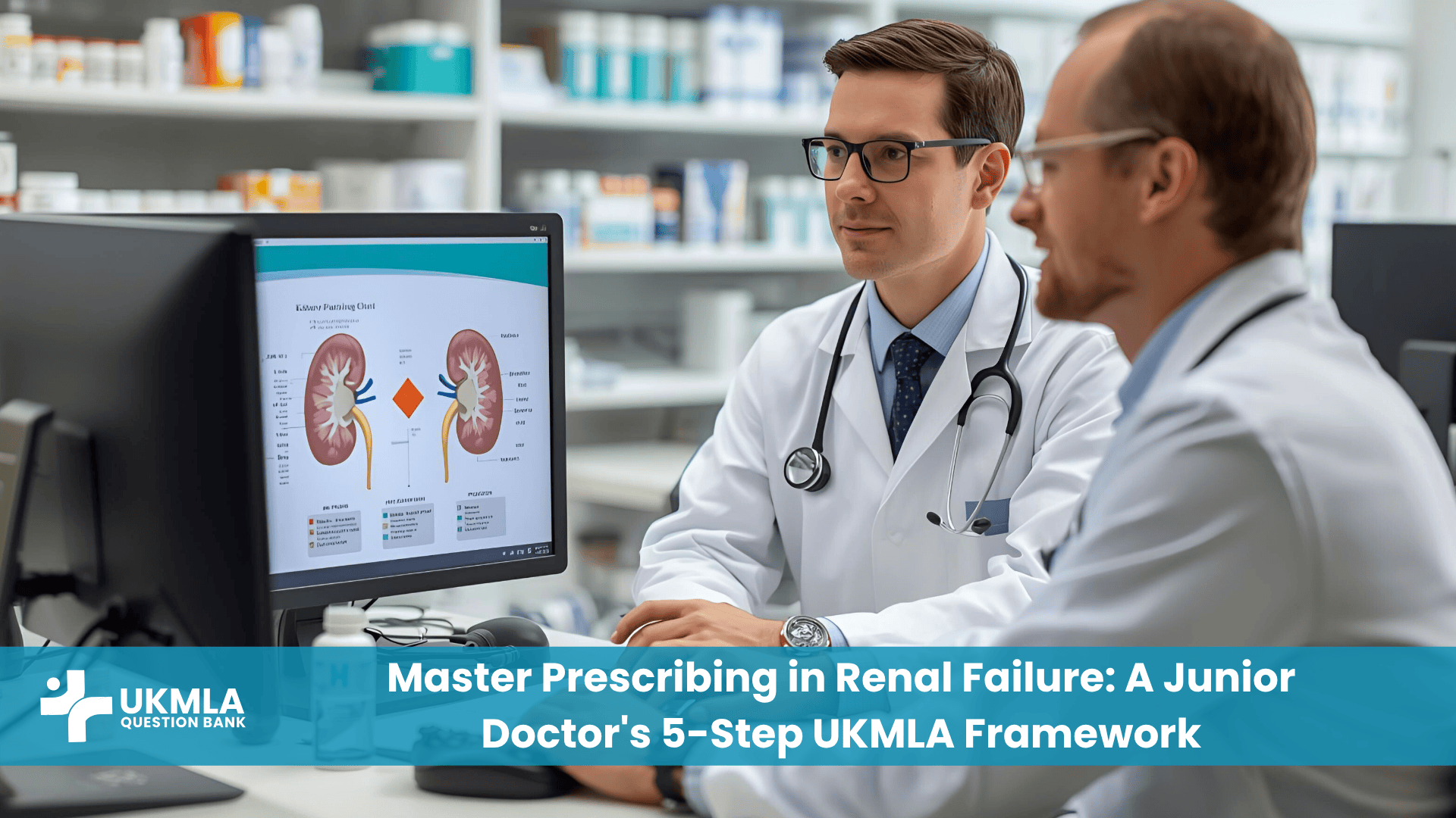 A doctor and pharmacist discussing a chart, illustrating safe prescribing in renal failure UKMLA.