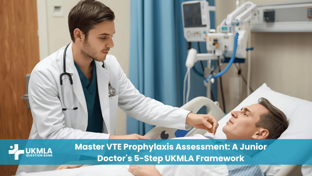 Junior doctor conducting VTE prophylaxis assessment UKMLA scenario