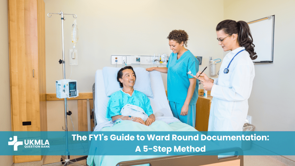 A junior doctor learning how to document a ward round in patient notes on a hospital ward.