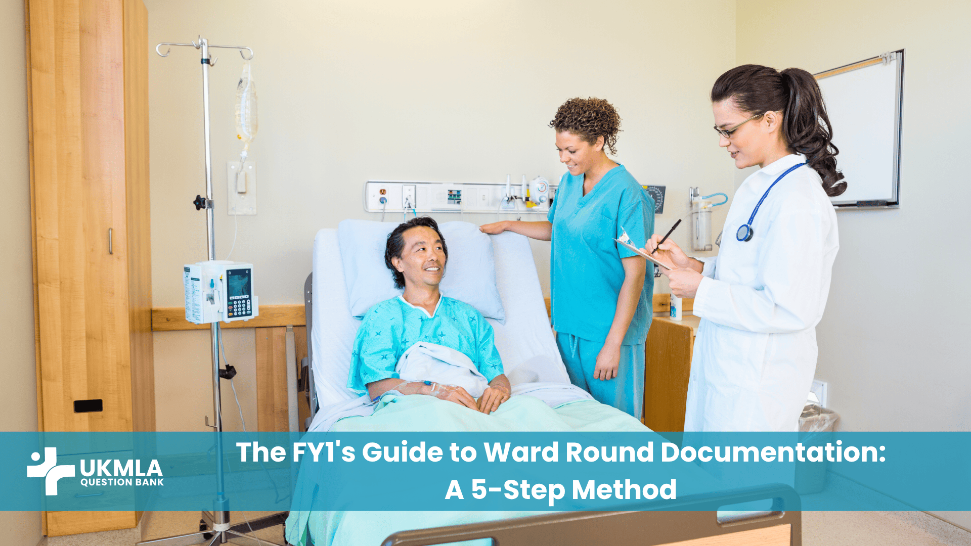 A junior doctor learning how to document a ward round in patient notes on a hospital ward.