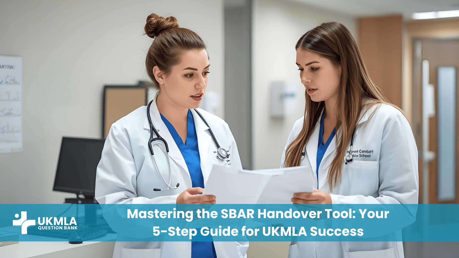 A junior doctor using an sbar handover tool guide to communicate with a colleague on a hospital ward.