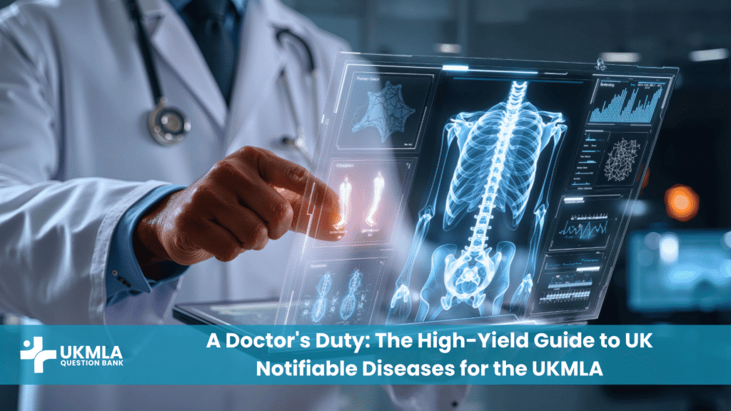 Doctor reviewing list in guide to UK notifiable diseases UKMLA.