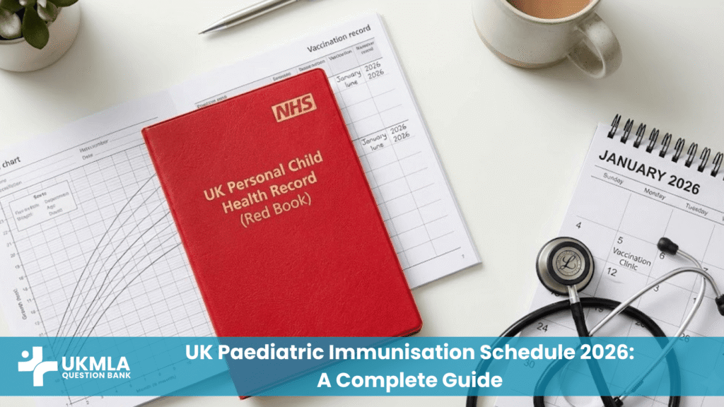 Infographic showing the UK paediatric immunisation schedule 2026 including MMRV and 6-in-1 boosters.